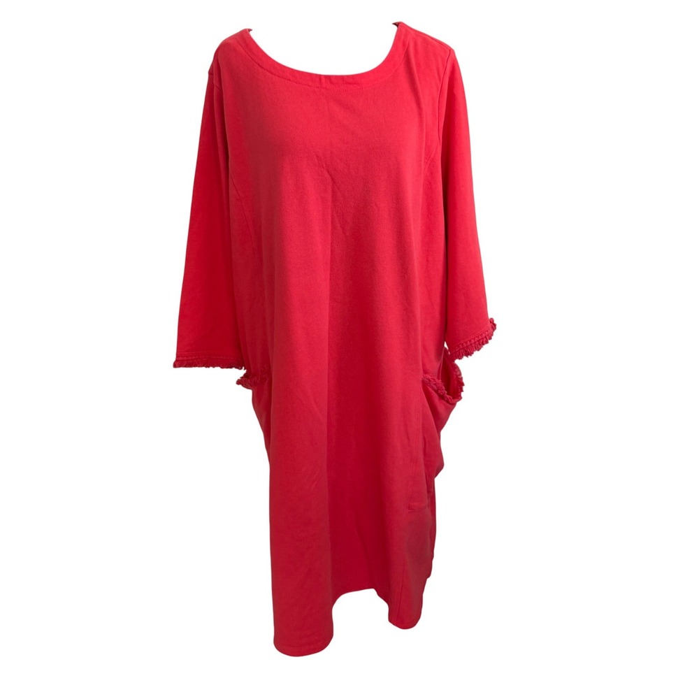 Susan Graver Weekend Coral Red French Terry Fringe Sweatshirt Dress 3X Coastal